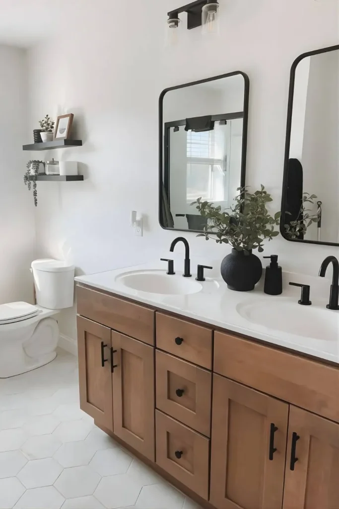 Banheiro branco preto e madeira