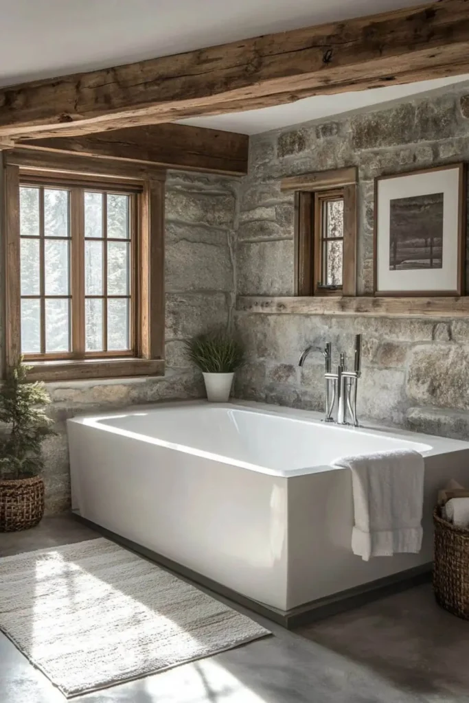 Banheiro com pedra e madeira