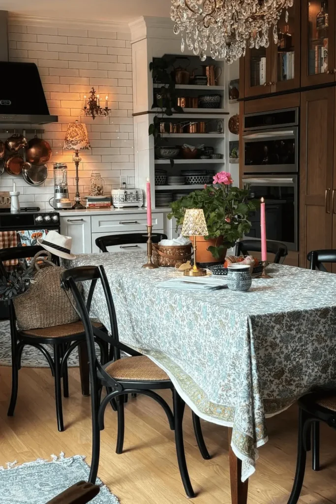 Iluminação aconchegante em cozinha cottagecore de inspiração rural