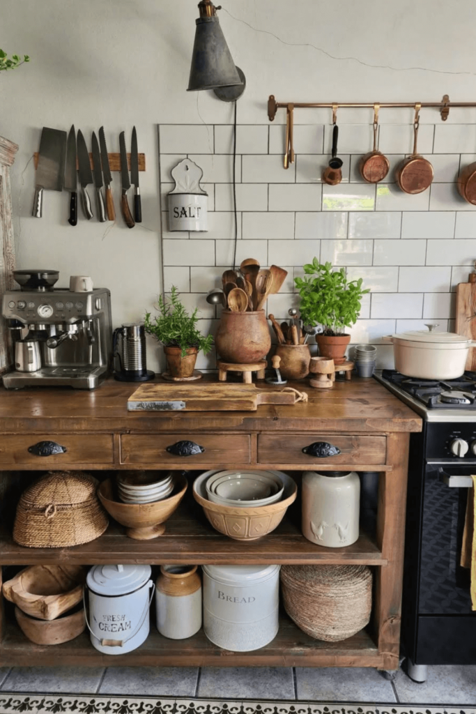 Prateleiras de madeira com louças expostas em cozinha cottagecore