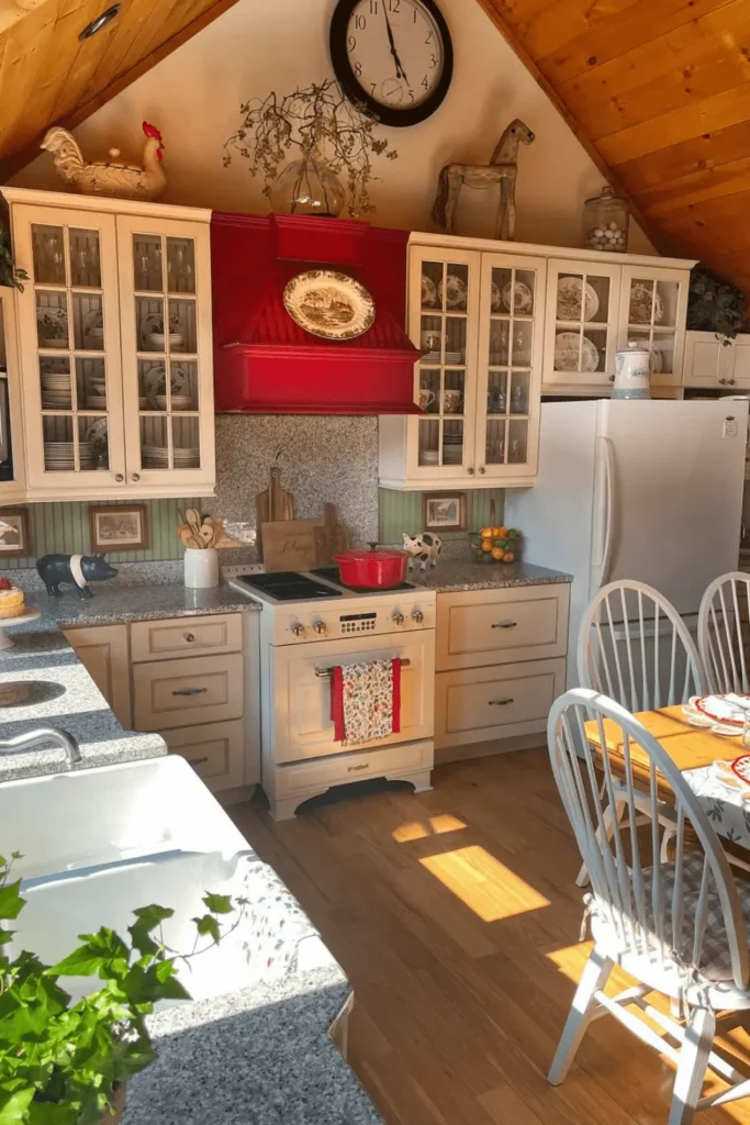 Vista ampla de cozinha cottagecore com madeira e tons suaves