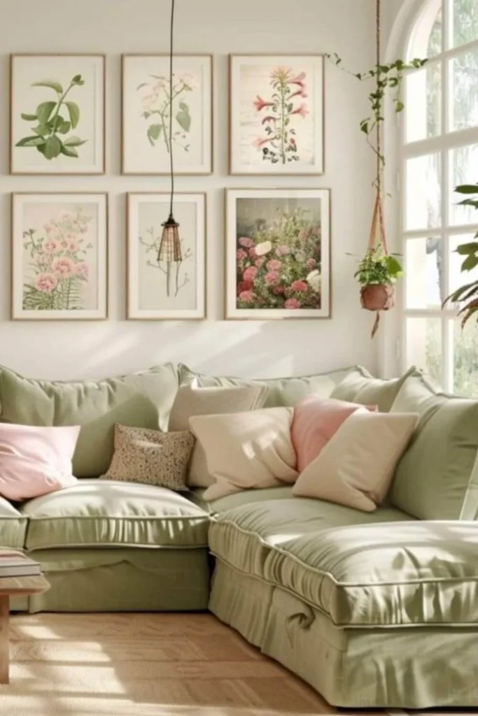 Sala cottagecore com paleta vintage