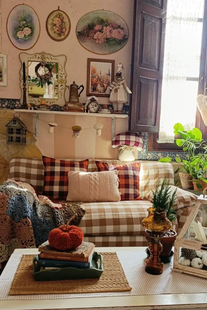 Sala de estar cottage vintage aconchegante