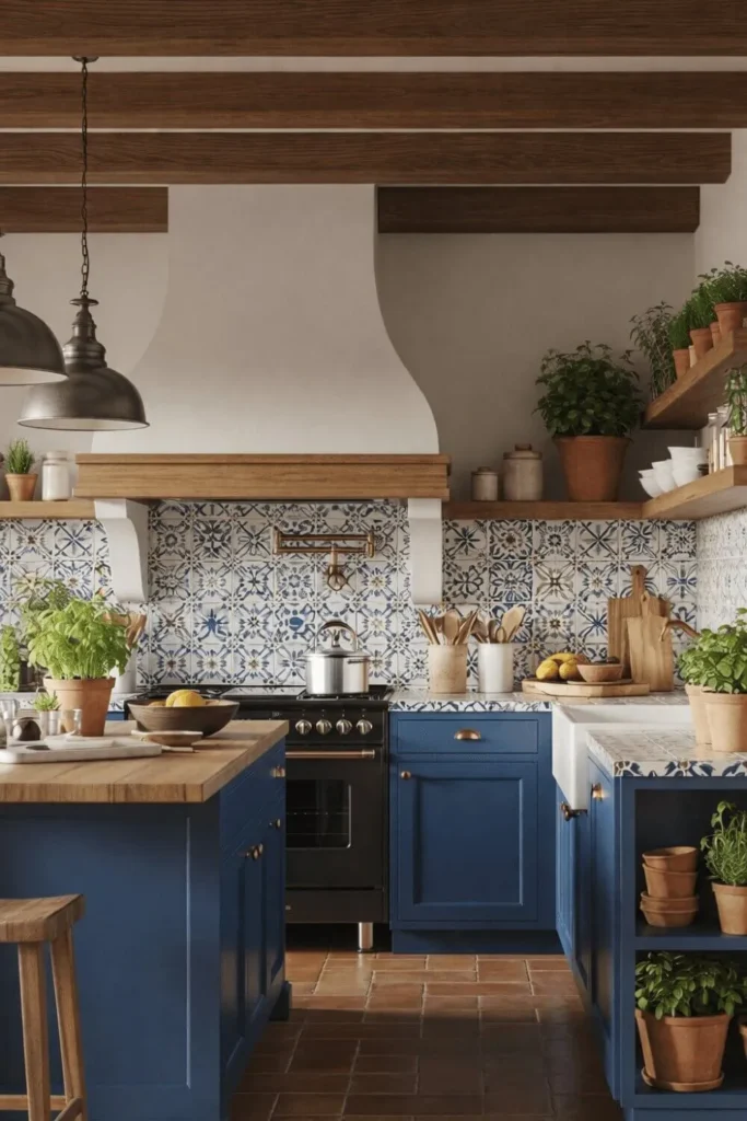 Cozinha mediterrânea armários azul marinho