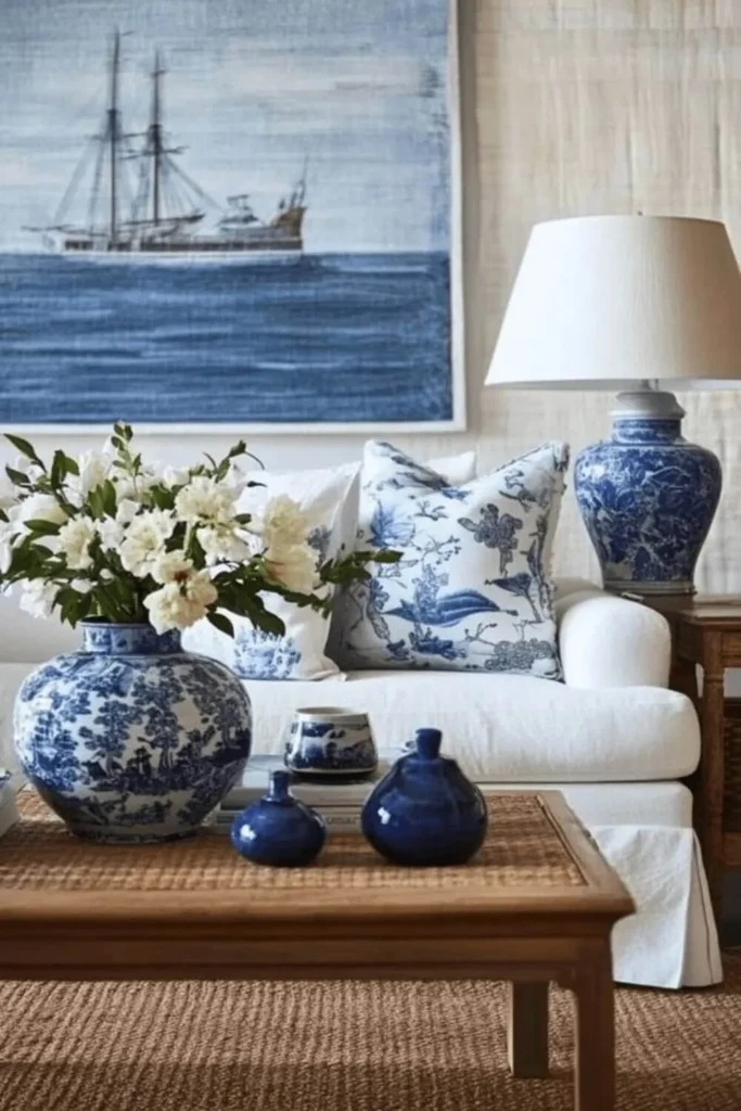 Decoração mediterrânea sala azul e cerâmicas