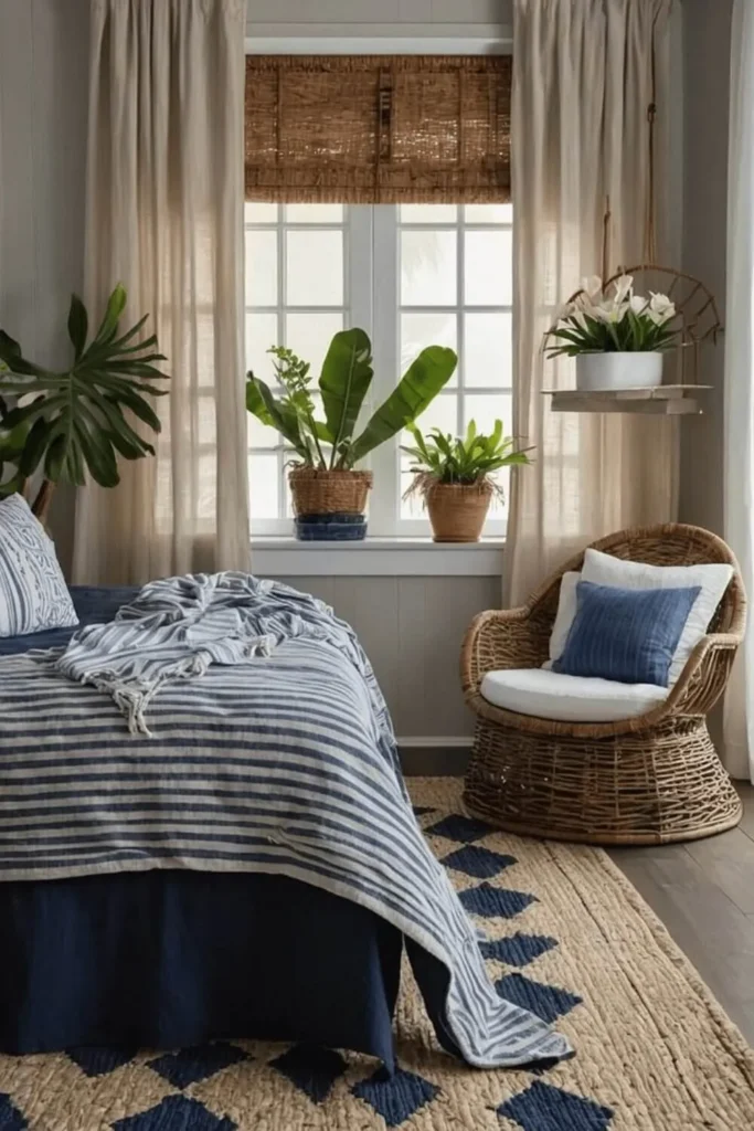 Quarto mediterrâneo cama feita azul marinho